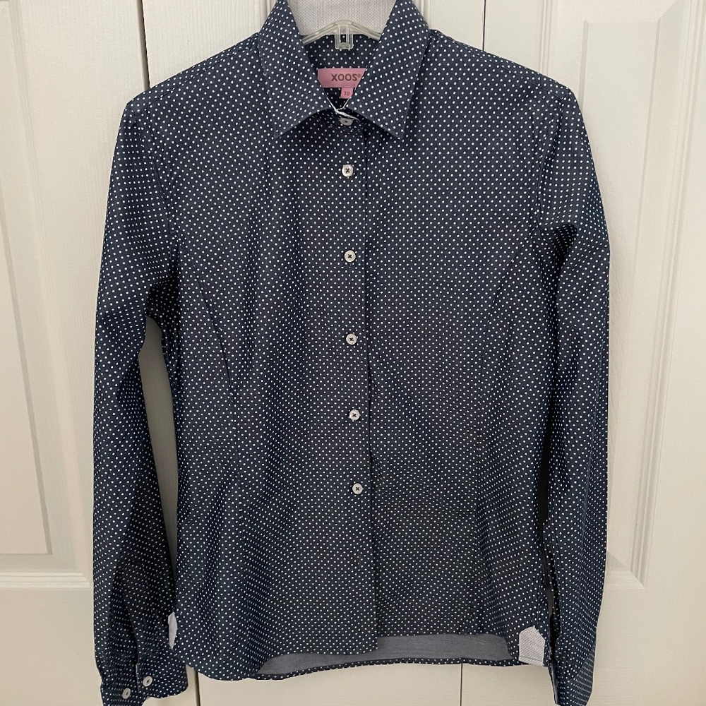 Blue shirt with light blue polka dots